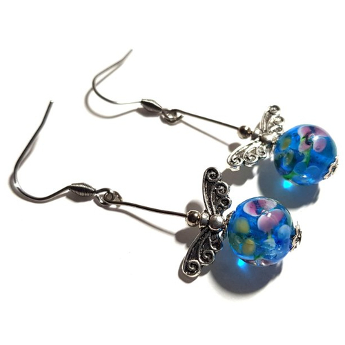 Boucle d'oreille pendante avec perles en verre bleu, multicolore, aile, tige, crochet en métal acier inoxydable argenté