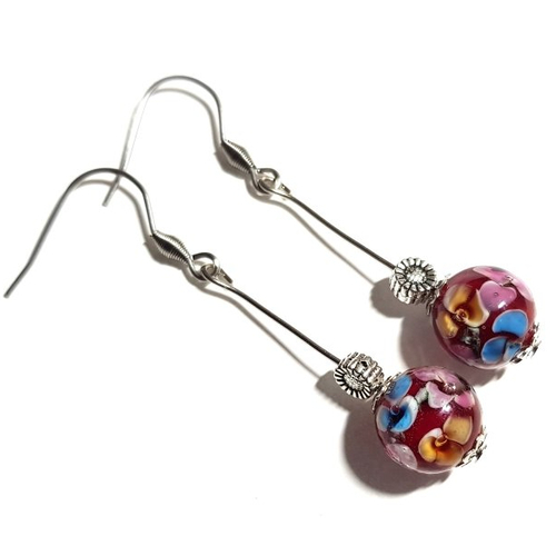 Boucle d'oreille pendante fleur, perles en verre rouge bordeaux, multicolore, tige, crochet en métal acier inoxydable argenté