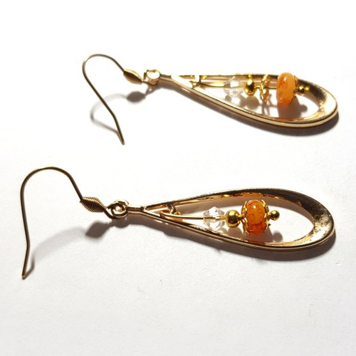 Boucle d'oreille pendante, goutte, perles en verre orange, transparente,tige, coupelles, crochet en métal acier inoxydable doré