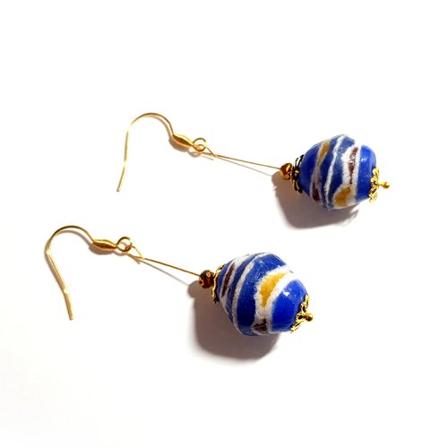 Boucle d'oreille pendante perles en verre bleu, jaune, marron, tige, coupelles, crochet en métal acier inoxydable doré