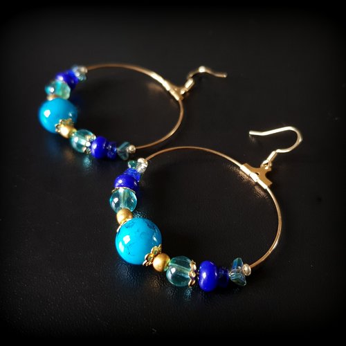 Boucle d'oreille créole avec perles en verre bleu, coupelles, crochet, métal acier inoxydable doré