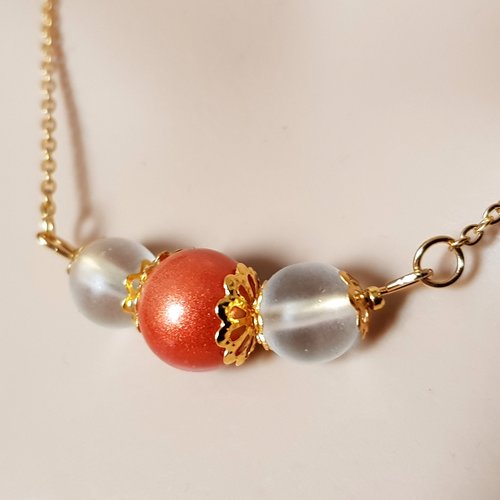 Collier perles en verre orange pailleté, transparent, coupelles, fermoir, chaîne, métal acier inoxydable doré