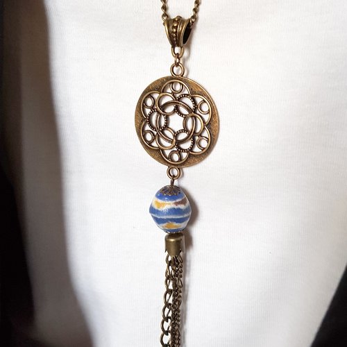 Collier sautoir grosse perle en verre, connecteur ajouré, coupelle, bélière, chaîne à en métal bronze