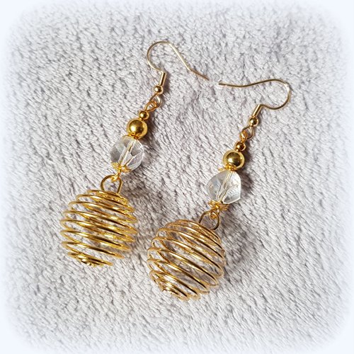Boucle d'oreille perles ressort et verre transparente, coupelles, crochet, métal acier inoxydable doré
