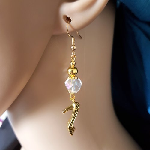 Boucle d'oreille pendante, perles en verre à facette transparente, coupelles, crochet en métal acier inoxydable doré