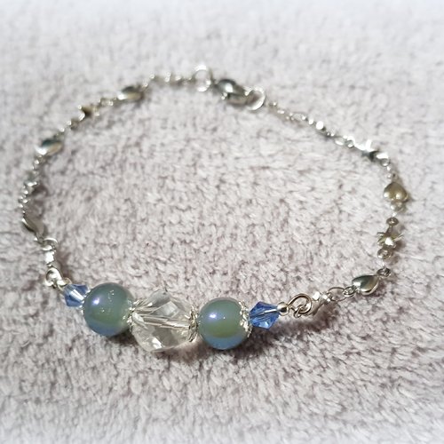 Bracelet chaîne cœur, étoile, perle en verre gris, bleu, transparente, fermoir mousqueton en métal acier inoxydable argenté