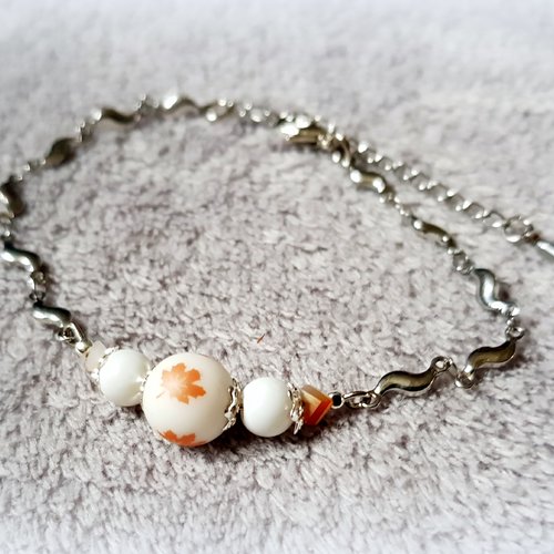 Bracelet chaîne cœur, étoile, perle en verre orange, blanc, fermoir mousqueton en métal acier inoxydable argenté