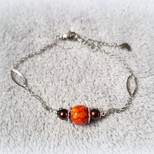 Bracelet chaîne perle en verre orange foncé marbré, prune, fermoir mousqueton,  chaîne d’extension en métal acier inoxydable argenté