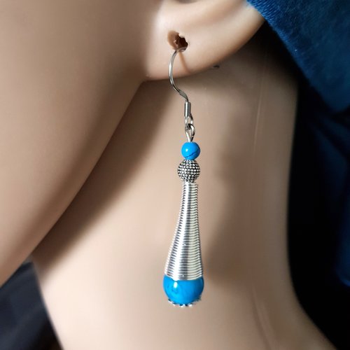 Boucle d'oreille pendante, perles en verre bleu, tige, crochet en métal acier inoxydable argenté