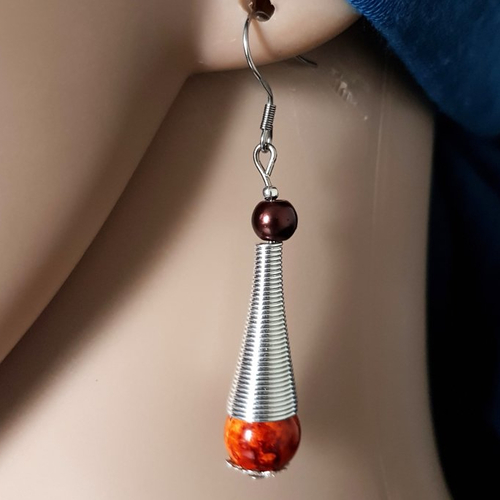 Boucle d'oreille pendante, perles en verre orange foncé marbré, prune, tige, crochet en métal acier inoxydable argenté