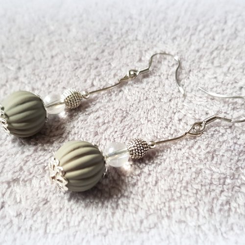 Boucle d'oreille pendante, perles en verre transparent, acrylique gris, tige, crochet en métal acier inoxydable argenté