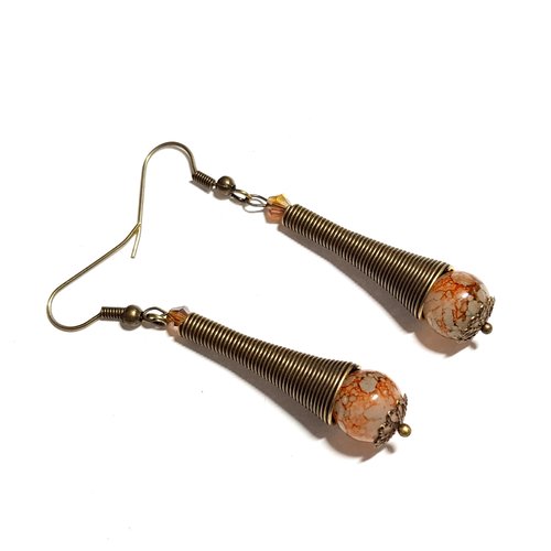 Boucle d'oreille pendante cône en spiral, perles en verre gris, marbré orange, métal bronze