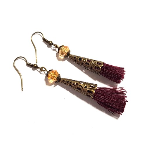 Boucle d'oreille pendante pompons prune, perles en verre à facette ambre coupelles cône en métal bronze