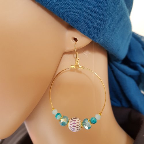 Boucle d'oreille créole avec perles en verre bleu, blanc, coupelles, crochet, métal acier inoxydable doré