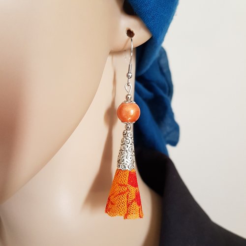 Boucle d'oreille pendante avec pompons en voilage orange, rouge, perles en verre, coupelles, crochet en métal acier inoxydable argenté