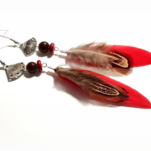 Boucle d'oreille plume rouge, marron, perles en bois, connecteur, crochet en métal acier inoxydable argenté