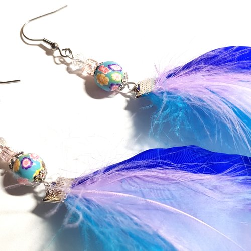 Boucle d'oreille plume bleu, blanc, rose parme, perles, crochet en métal acier inoxydable argenté