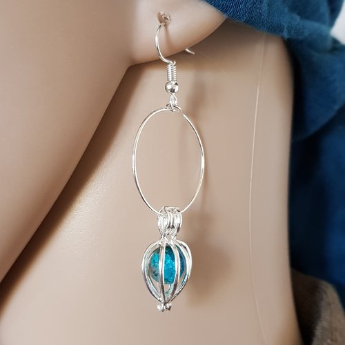 Boucle d'oreille créole pendante en métal argent clair 925, perles en verre bleu, orangé
