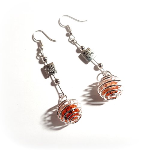 Boucle d'oreille pendante perles cage et verre orange, transparente, crochet en métal argenté