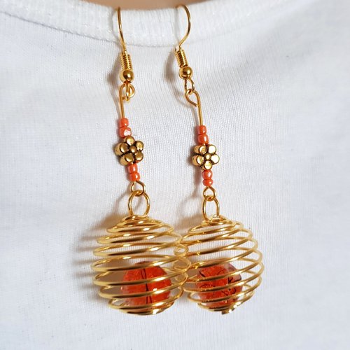 Boucle d'oreille pendante, fleur, perles en verre orange, transparent, crochet en métal acier inoxydable doré