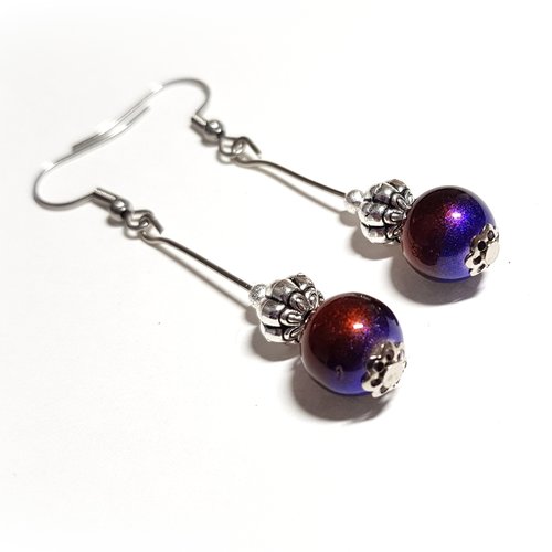 Boucle d'oreille pendant, perles en verre violet, corail, coupelles, crochet en métal acier inoxydable argenté
