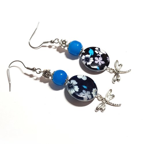 Boucle d'oreille pendante libellule perles en nacre rond plat noir, bleu, blanc, crochet en métal acier inoxydable argenté