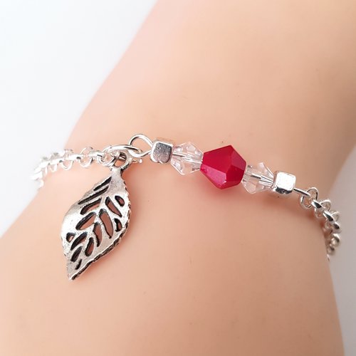 1 bracelet chaîne feuille, perle en verre rouge, transparente, chaîne d’extension, goutte, fermoir mousqueton en métal argenté clair