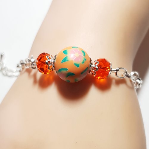 1 bracelet chaîne feuille, perle verre et fimo, orange, vert, rose, chaîne d’extension, goutte, fermoir métal argenté clair