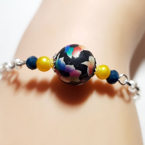 1 bracelet chaîne feuille, perle verre et fimo, noir, jaune, bleu, chaîne d’extension, goutte, fermoir mousqueton métal argenté clair