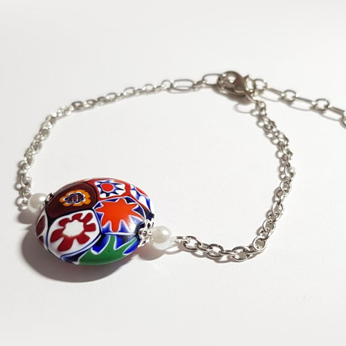 1 bracelet chaîne, perle en verre émaillé multicolore, chaîne d’extension, goutte, fermoir mousqueton en métal argenté