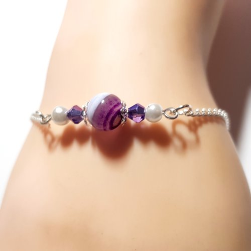 1 bracelet chaîne, perle en verre violet, blanche, prune, chaîne d’extension, goutte, fermoir en métal argenté clair