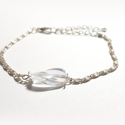 1 bracelet chaîne fantaisie, perle en verre transparente, chaîne d’extension, goutte, fermoir en métal argenté clair