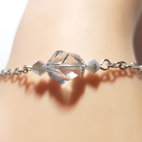 1 bracelet chaîne, perle en verre transparente, blanche, chaîne d’extension, goutte, fermoir mousqueton en métal argenté