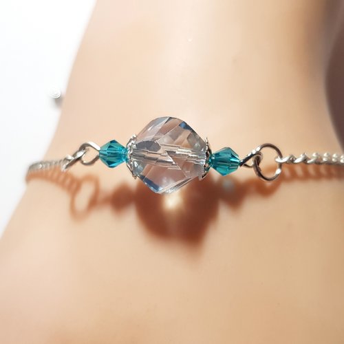 Bracelet chaîne, perle en verre transparente, bleu, chaîne d’extension, goutte, fermoir en métal argenté clair