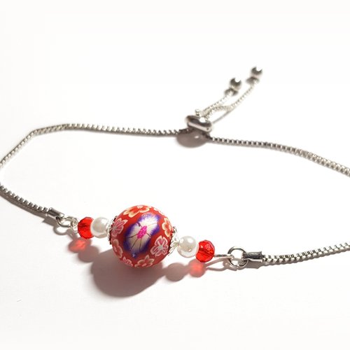 1 bracelet chaîne feuille, perle en verre et fimo blanc, rouge, chaîne d’extension, goutte, fermoir en métal argenté