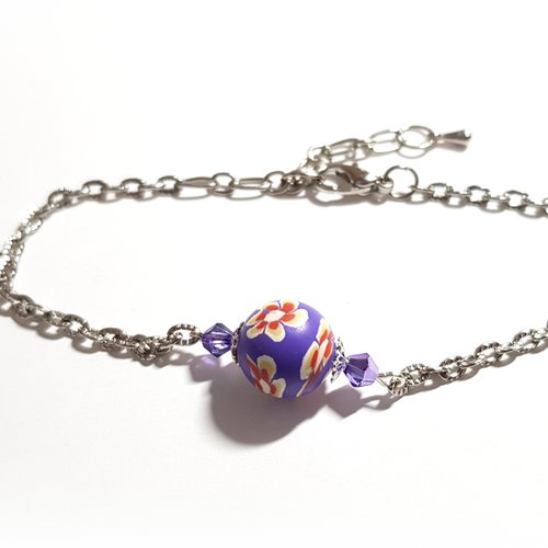 1 bracelet chaîne feuille, perle en verre et fimo, violet, rouge, chaîne d’extension, goutte, fermoir mousqueton en métal argenté