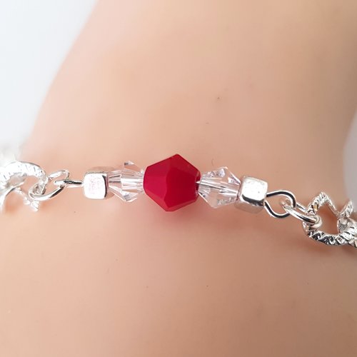 1 bracelet chaîne, perle en verre rouge, transparente, chaîne d’extension, goutte, fermoir mousqueton en métal argenté clair