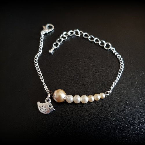 1 bracelet chaîne, oiseau, perle en verre brillant, chaîne d’extension, goutte, fermoir mousqueton en métal argenté clair