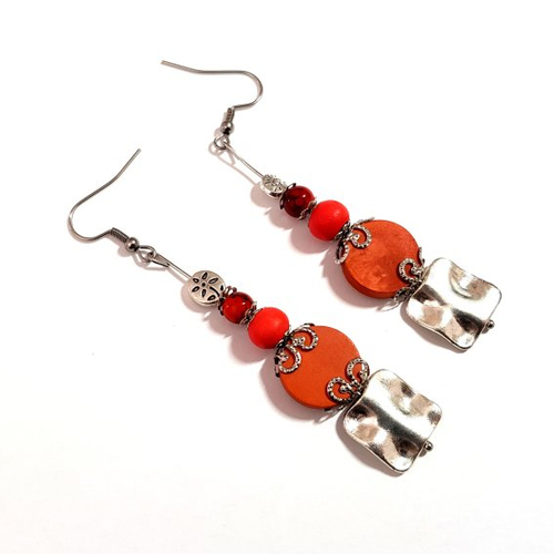 Boucle d'oreille pendante perles en bois et verre, corail orange, crochet en métal acier inoxydable argenté