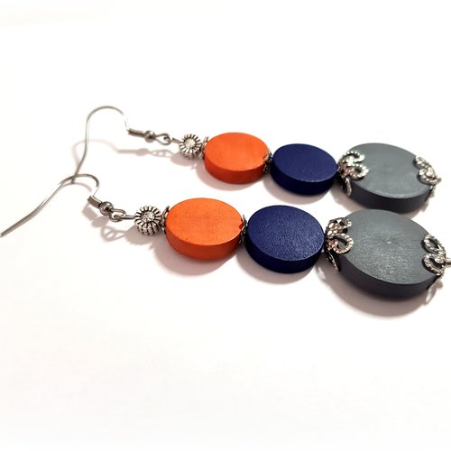 Boucle d'oreille pendante perles en bois et verre, bleu marine, orange, gris, crochet en métal acier inoxydable argenté