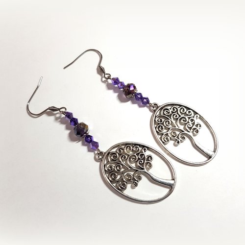 Boucle d'oreille arbre pendant, perles en verre violet avec reflets, coupelles, crochet en métal acier inoxydable argenté