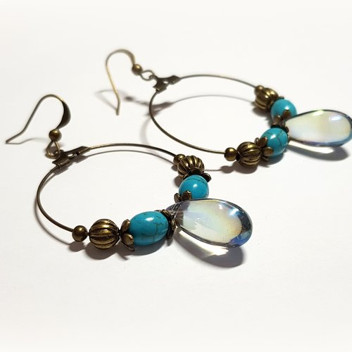 Boucle d'oreille créole, perles en verre bleu, transparente, crochets en métal bronze