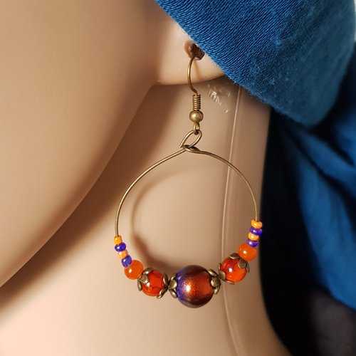 Boucle d'oreille créole, perles en verre orange, prune, crochets en métal bronze