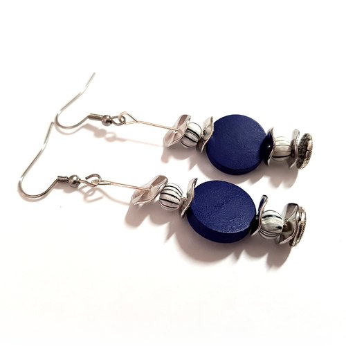 Boucle d'oreille pendante perles en bois bleu marine, blanc, noir, crochet en métal acier inoxydable argenté