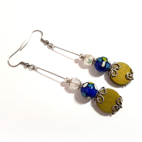 Boucle d'oreille pendante perles en bois vert kaki, en acrylique bleu, blanc, transparent, crochet en métal acier inoxydable argenté