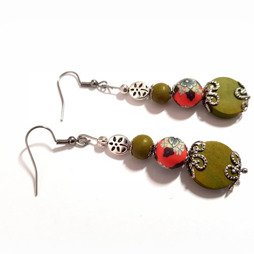 Boucle d'oreille pendante perles en bois vert kaki, en pâte fino orange à fleur, crochet en métal acier inoxydable argenté
