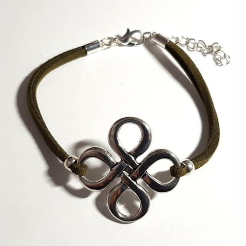 Bracelet nœud celtique en suédine vert kaki, fermoir mousqueton, chaîne en métal argenté