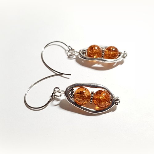 Boucle d'oreille pendante perles en verre ambre, connecteur cadre, crochet en métal acier inoxydable argenté