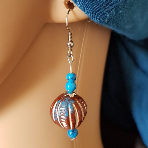 Boucle d'oreille pendante perles en bois et verre, marron, bleu, crochet en métal acier inoxydable argenté