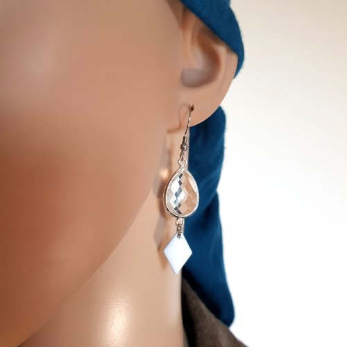 Boucle d'oreille pendante losange émaillé blanc, connecteur ovale en verre transparent, crochet en métal acier inoxydable argenté